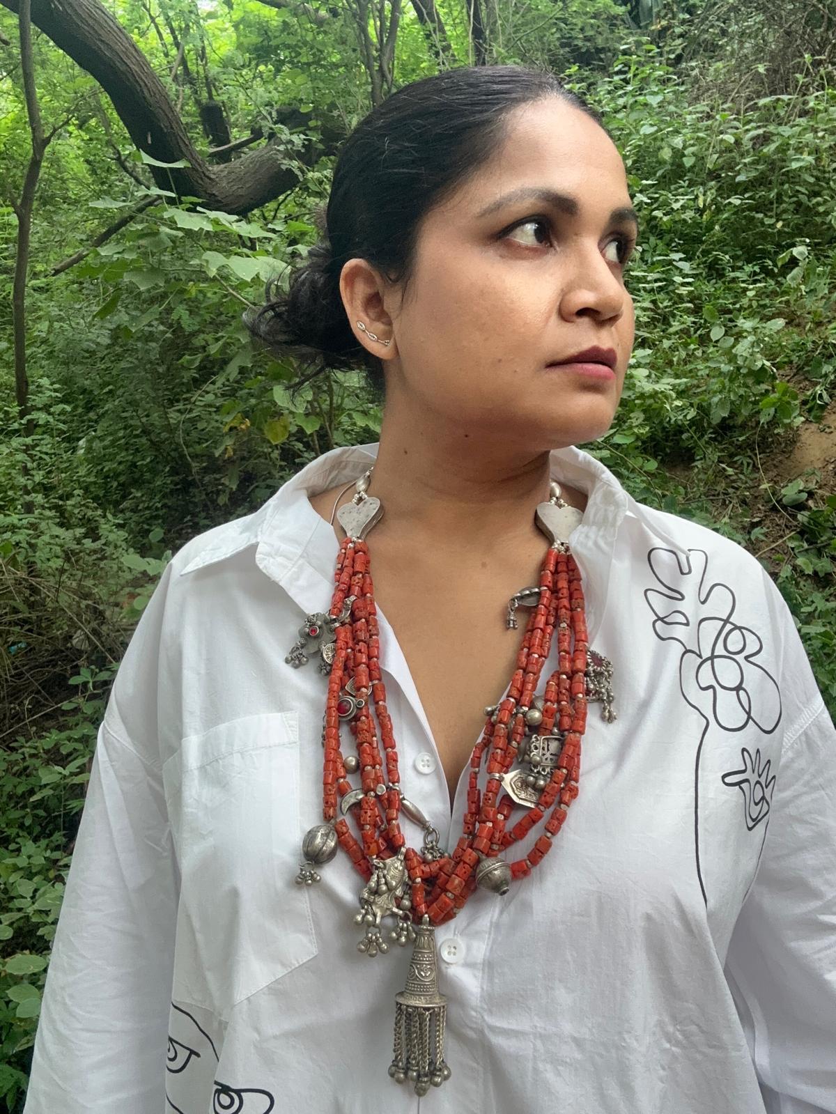 Coral Stone Vintage Tribe Silver Neck Statement