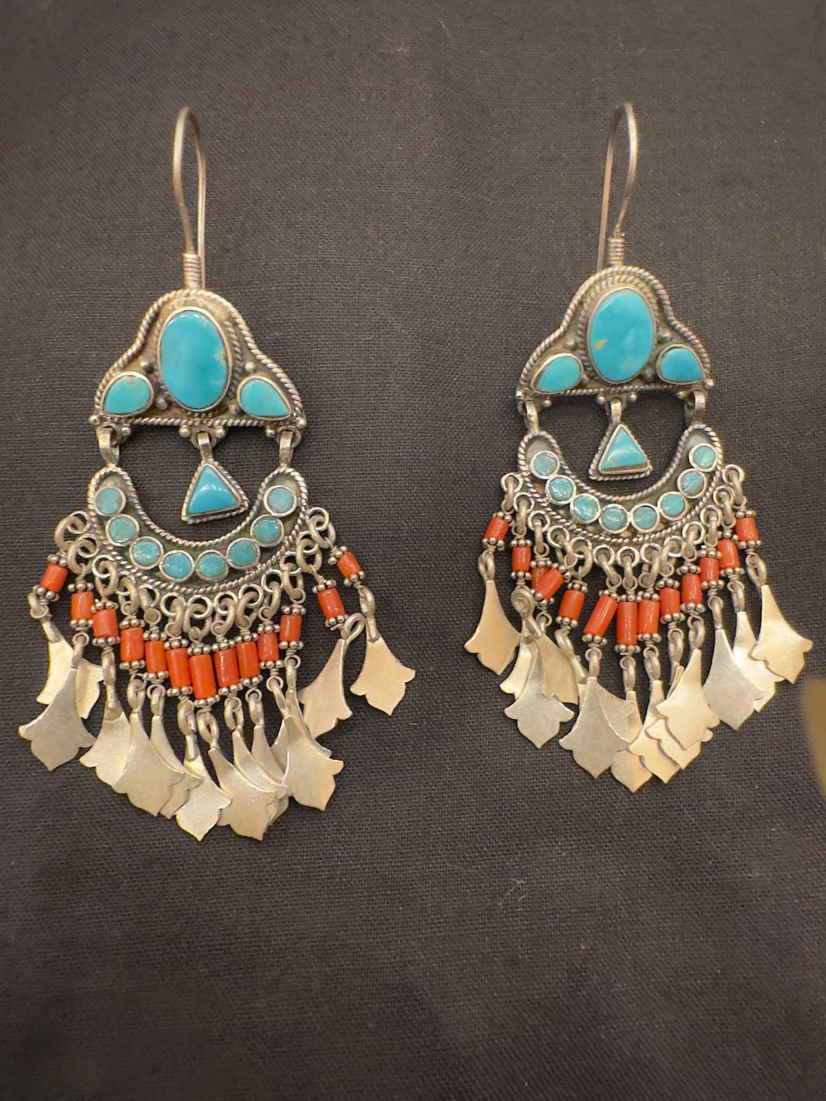 Afghani Turquoise Coral Silver Dangler