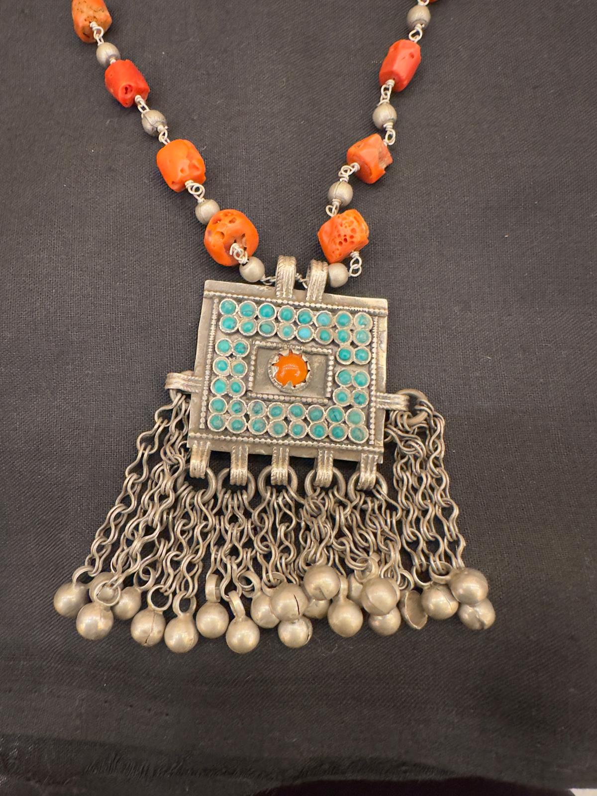 Silver Afghani Coral and Turquoise Necklace
