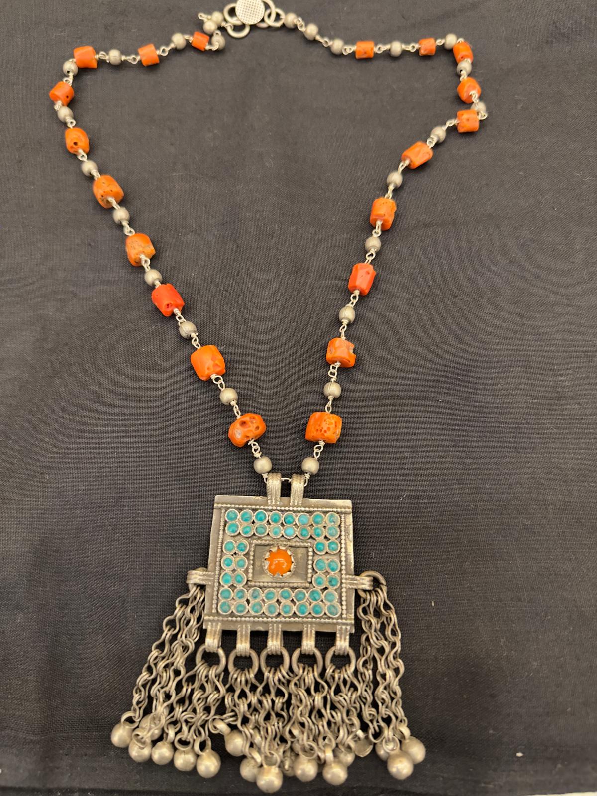 Silver Afghani Coral and Turquoise Necklace