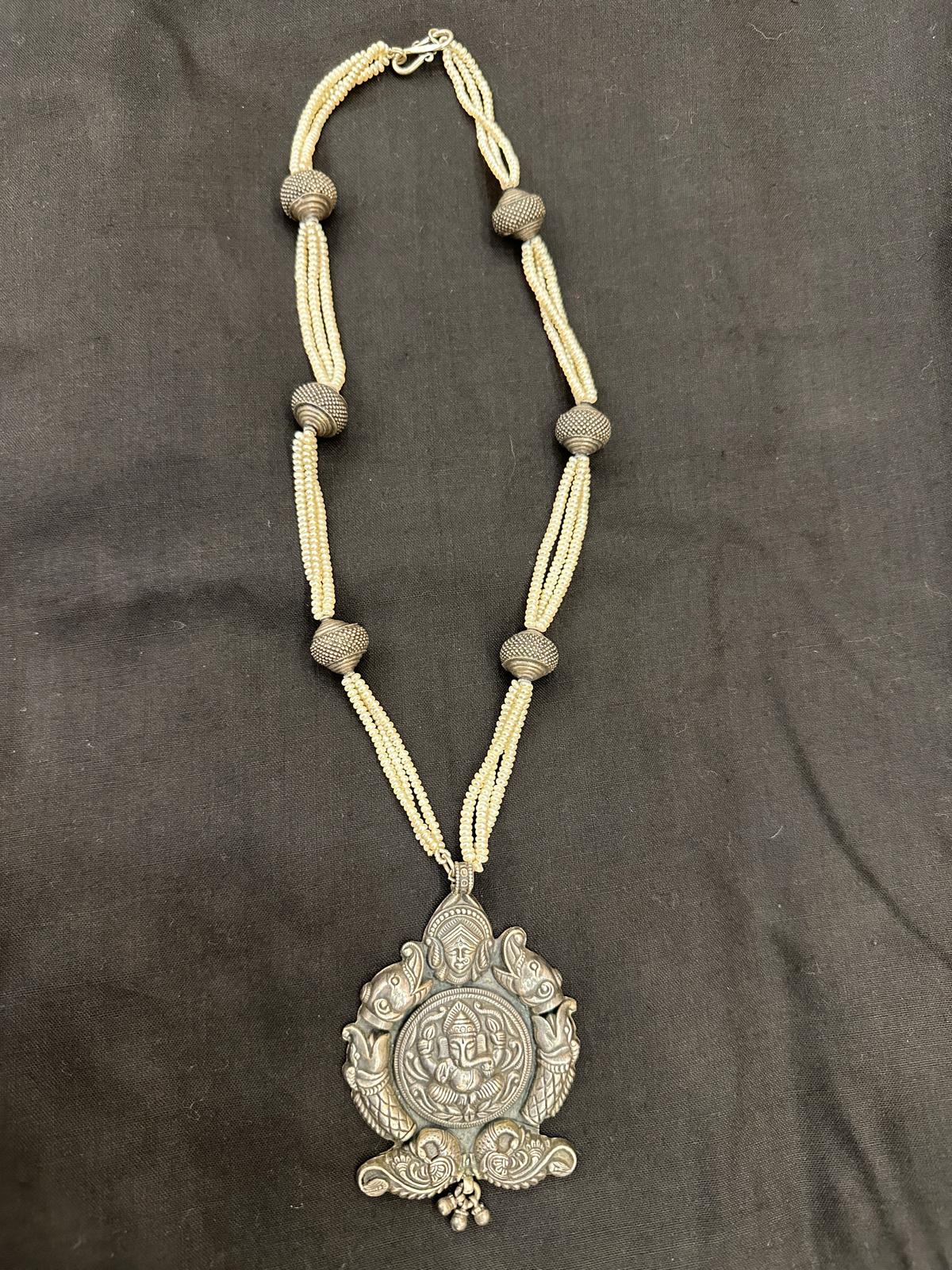 Silver Ganpati Motif with Pearl Necklace