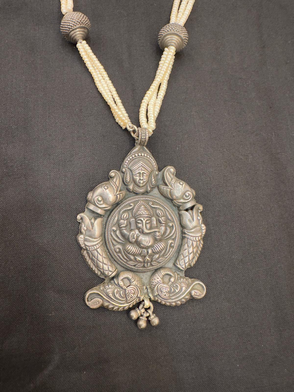Silver Ganpati Motif with Pearl Necklace