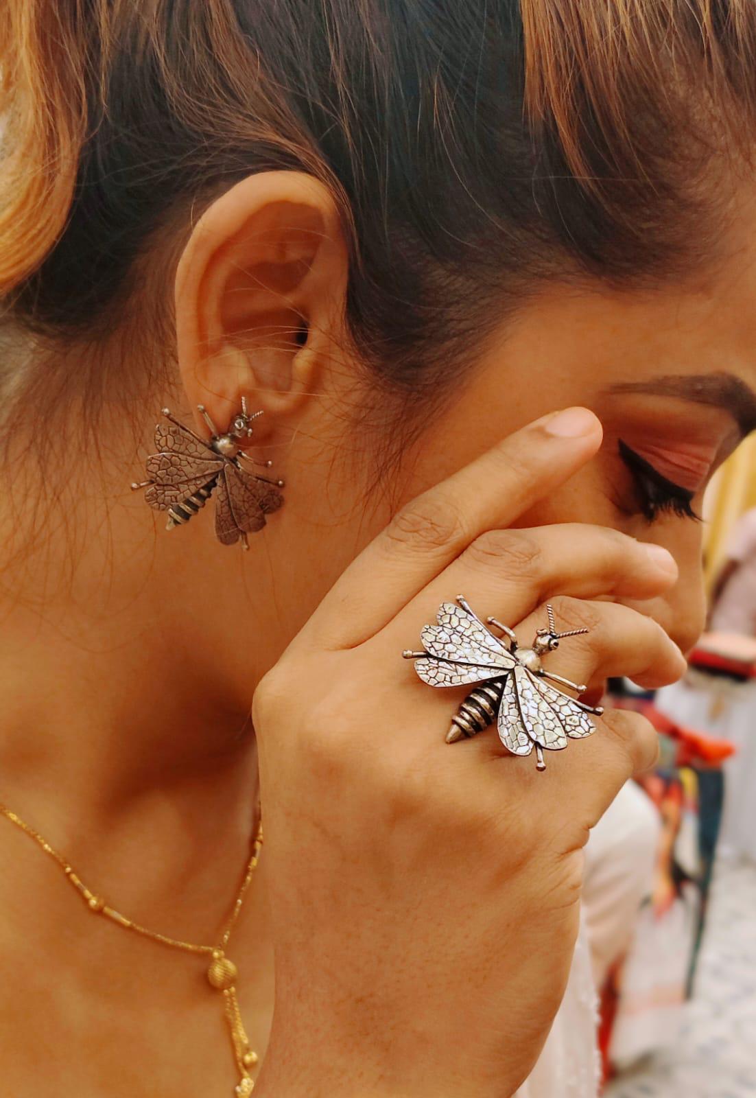 Silver Butterfly Earring and Ring Set
