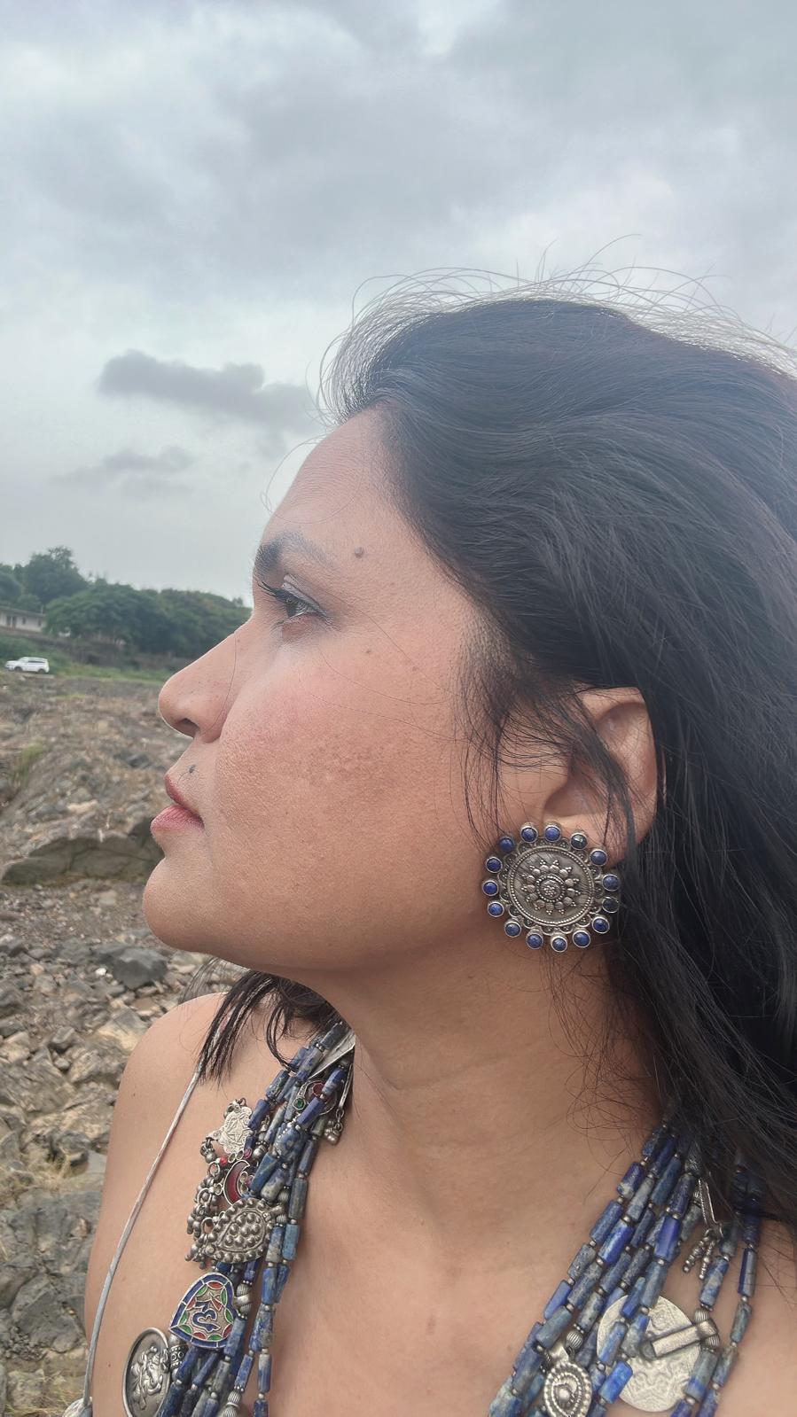 Blue lapiz stone Silver Floral Stud