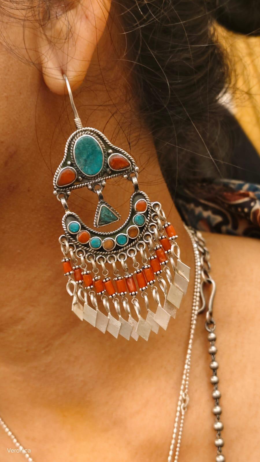 Afghani Turquoise Coral Silver Dangler