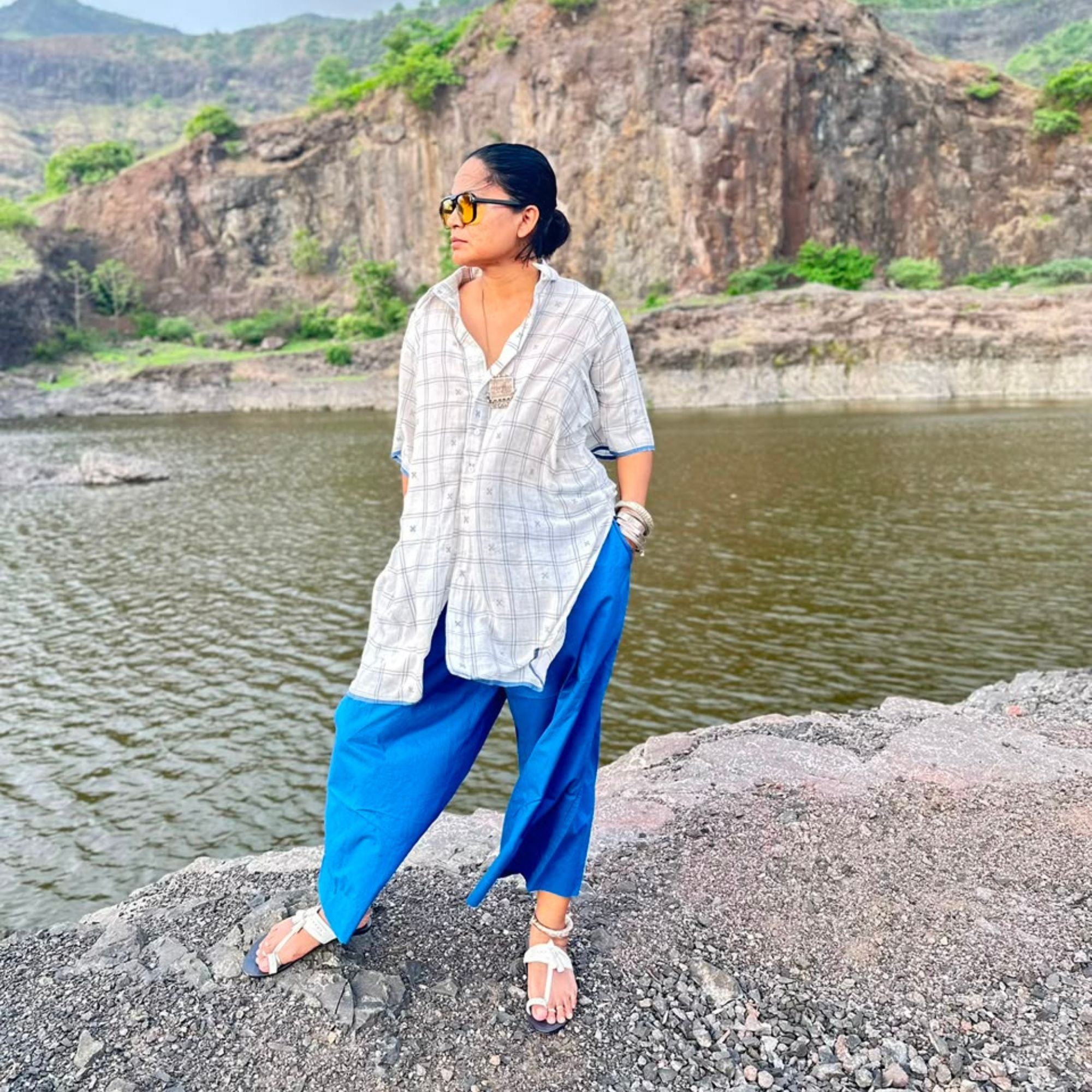 White checks jamdani loose boxy shirt