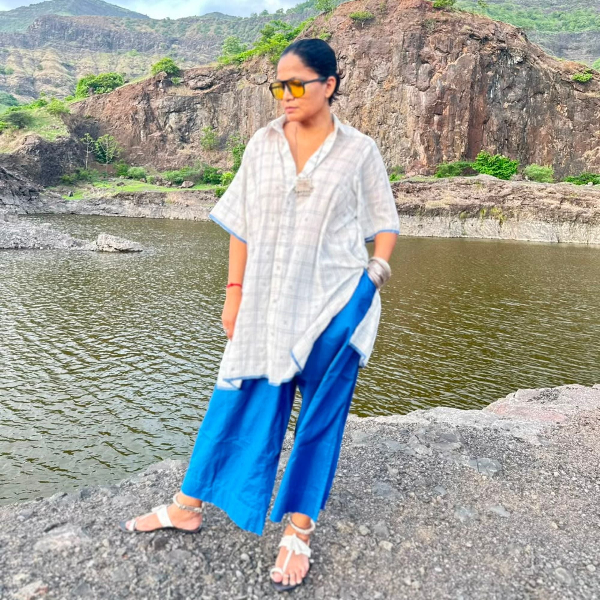 White checks jamdani loose boxy shirt