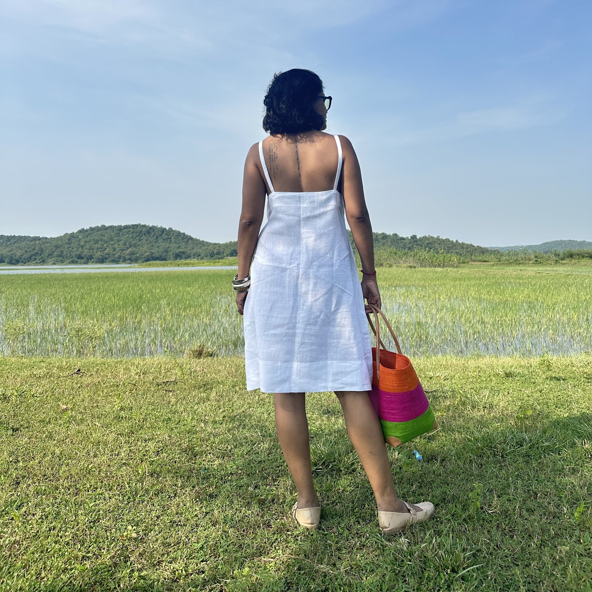 White Spaghetti Linen Short Dress
