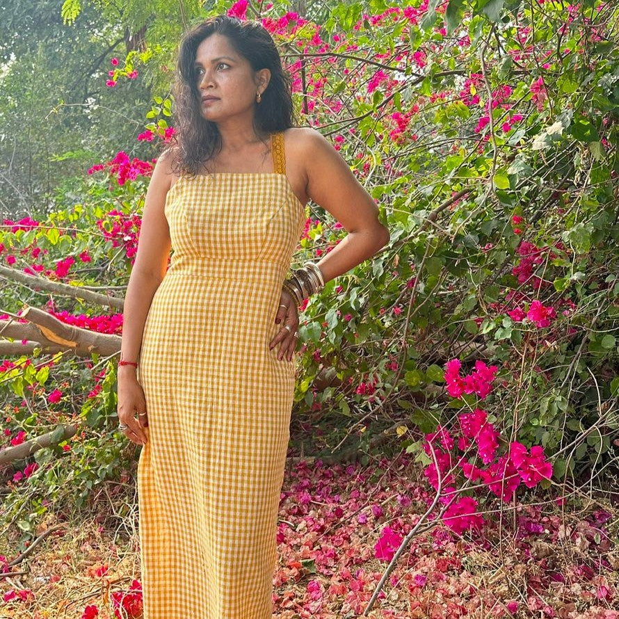 Mustard Gingham Handloom Kal Cotton Dress
