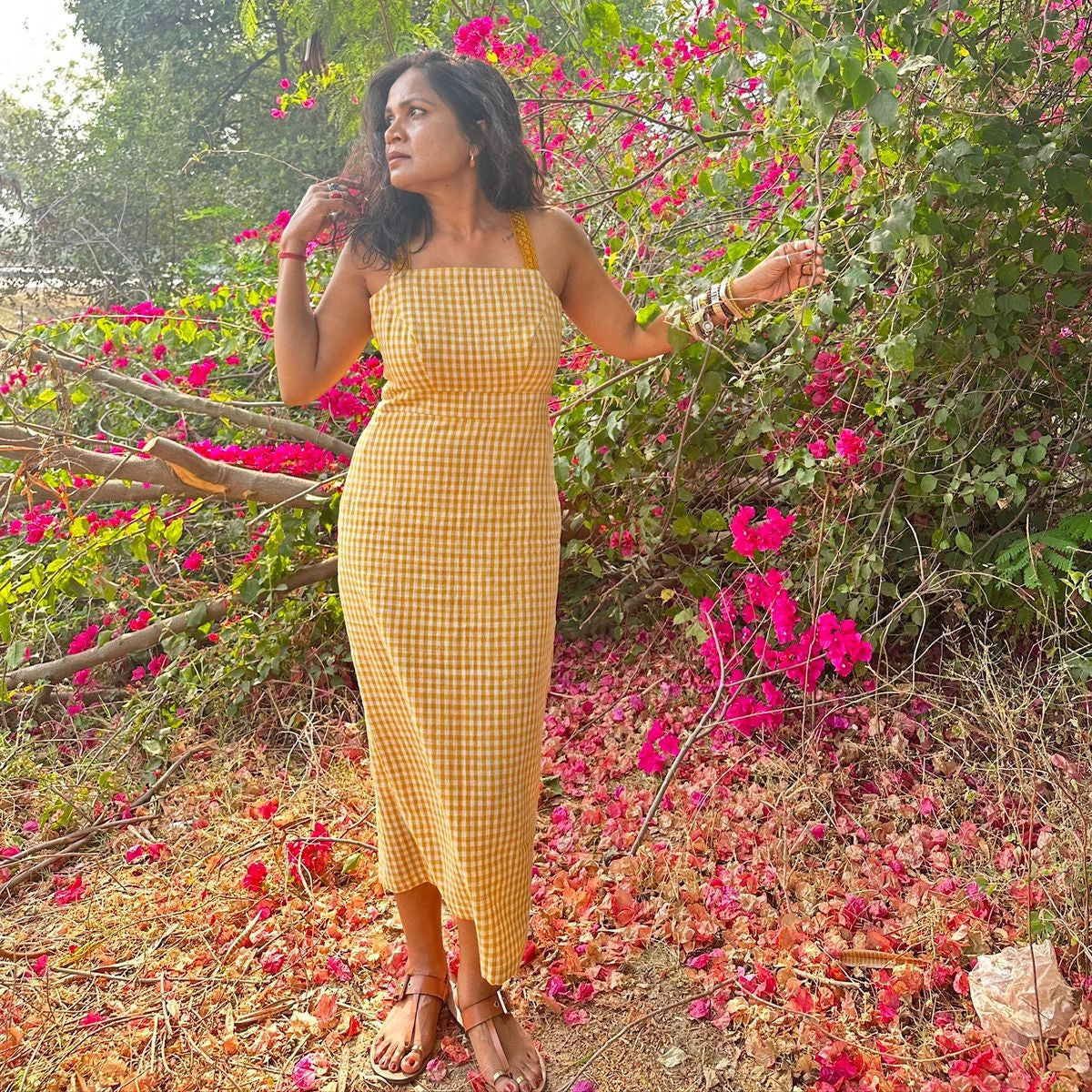 Mustard Gingham Handloom Kal Cotton Dress