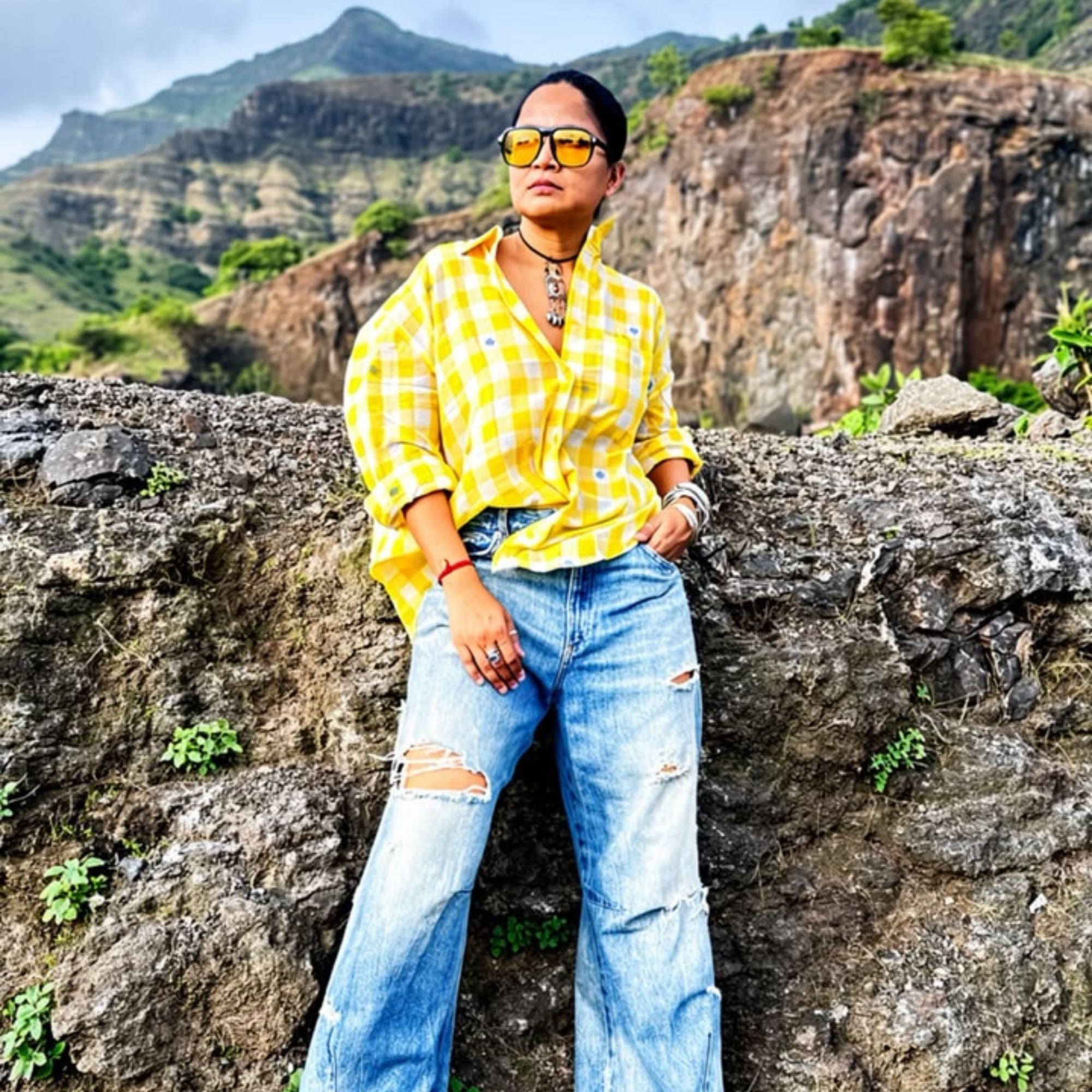 Yellow and white checks loose fit jamdani shirt