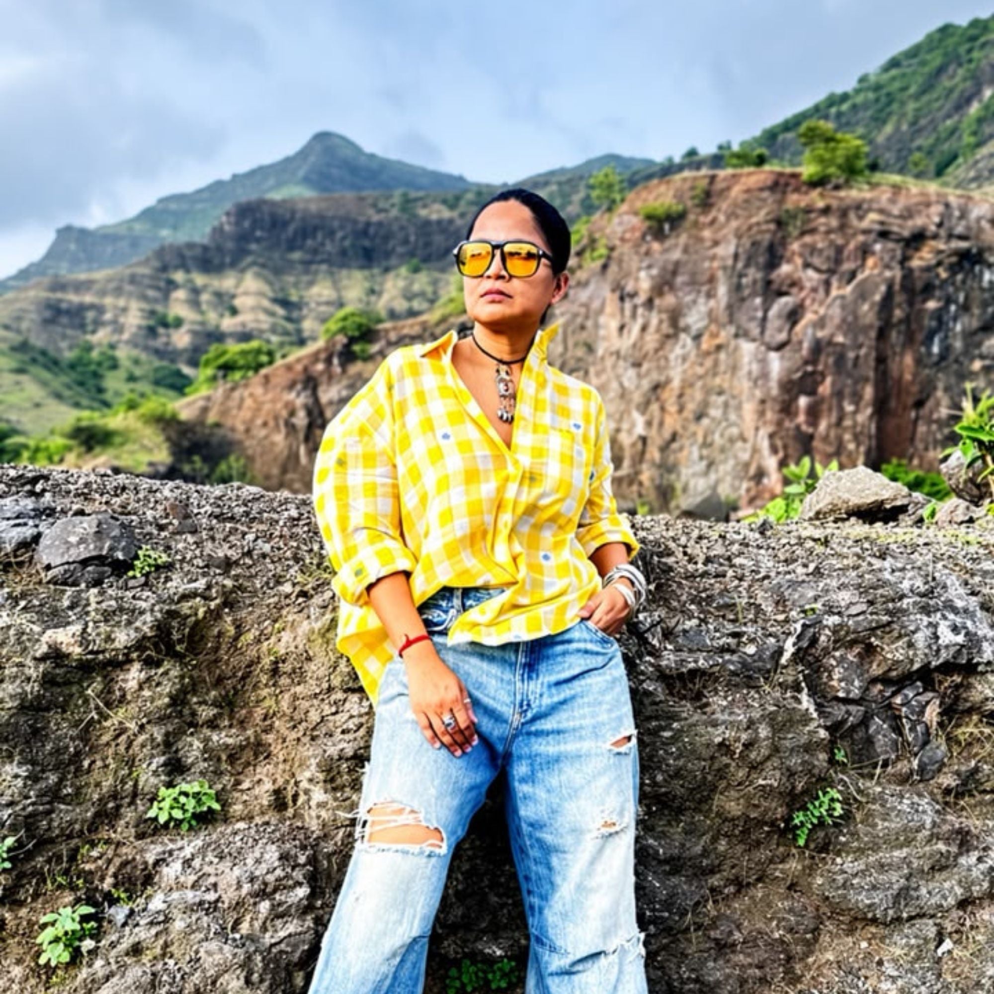Yellow and white checks loose fit jamdani shirt