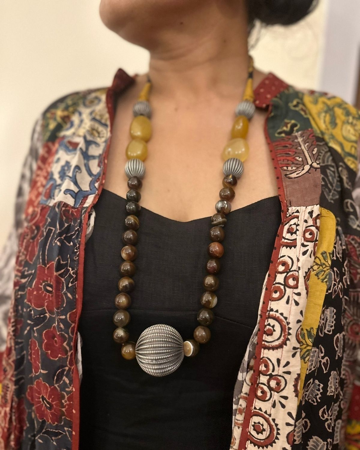 Big Tiger Eye with Silver Vintage Balls Necklace