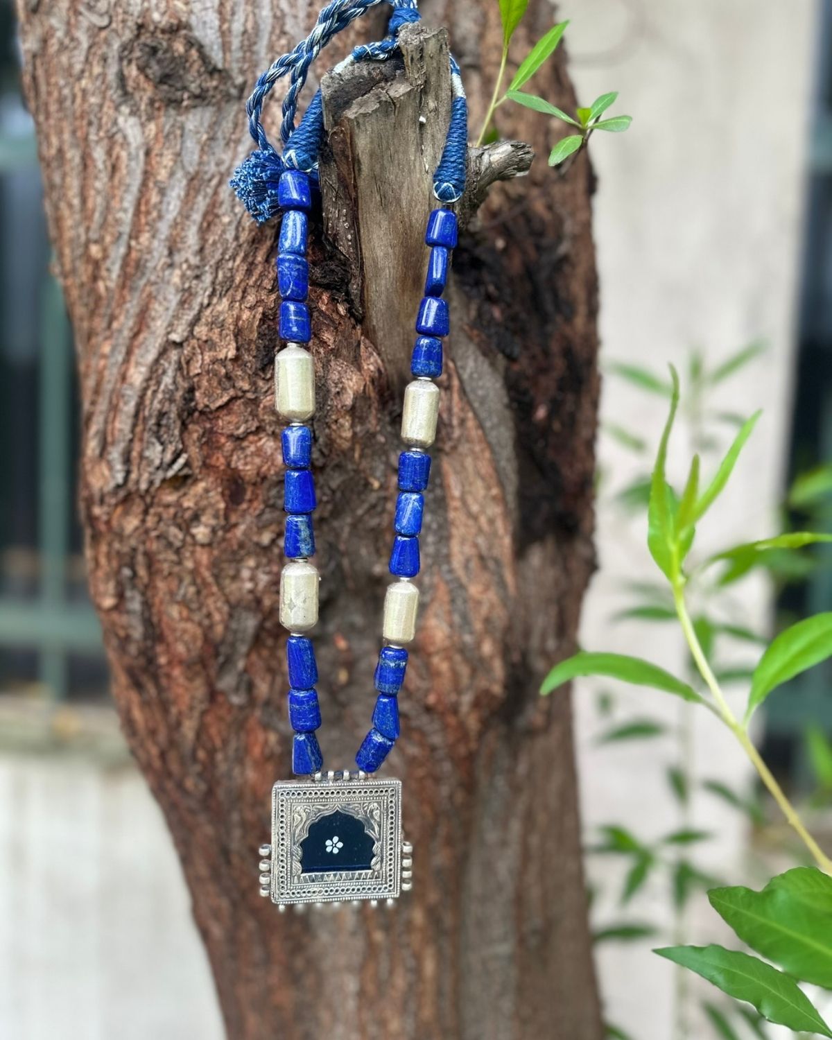 Blue Lapiz Stone with Mirror Painting Silver Necklace