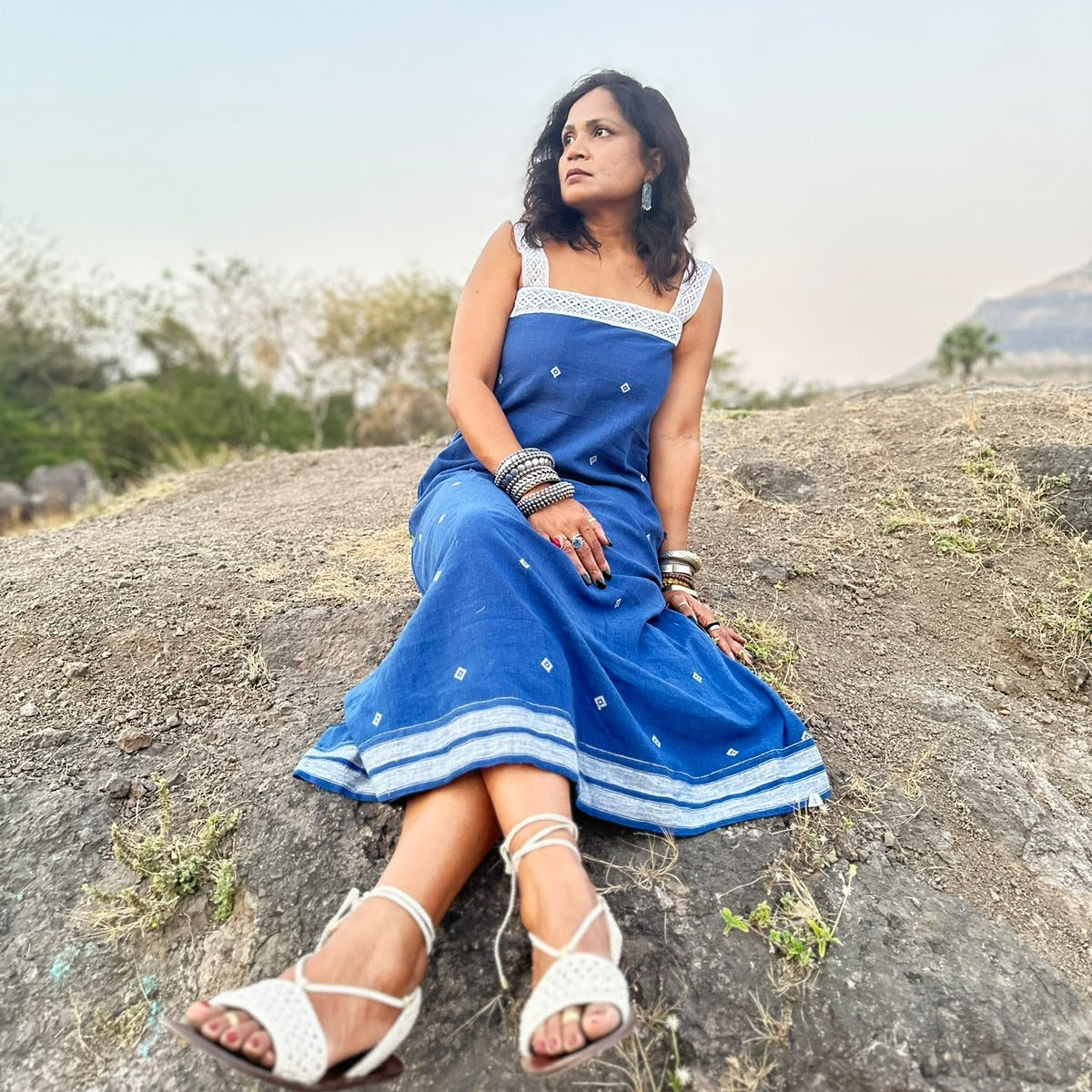Blue With White Motif Handloom Kala Cotton Dress