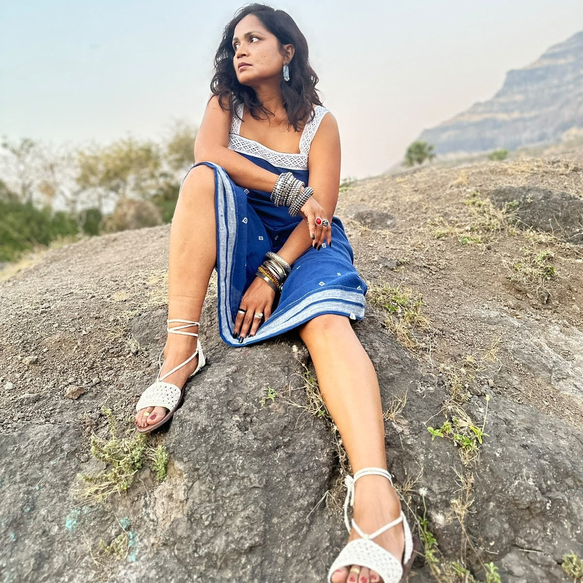 Blue With White Motif Handloom Kala Cotton Dress