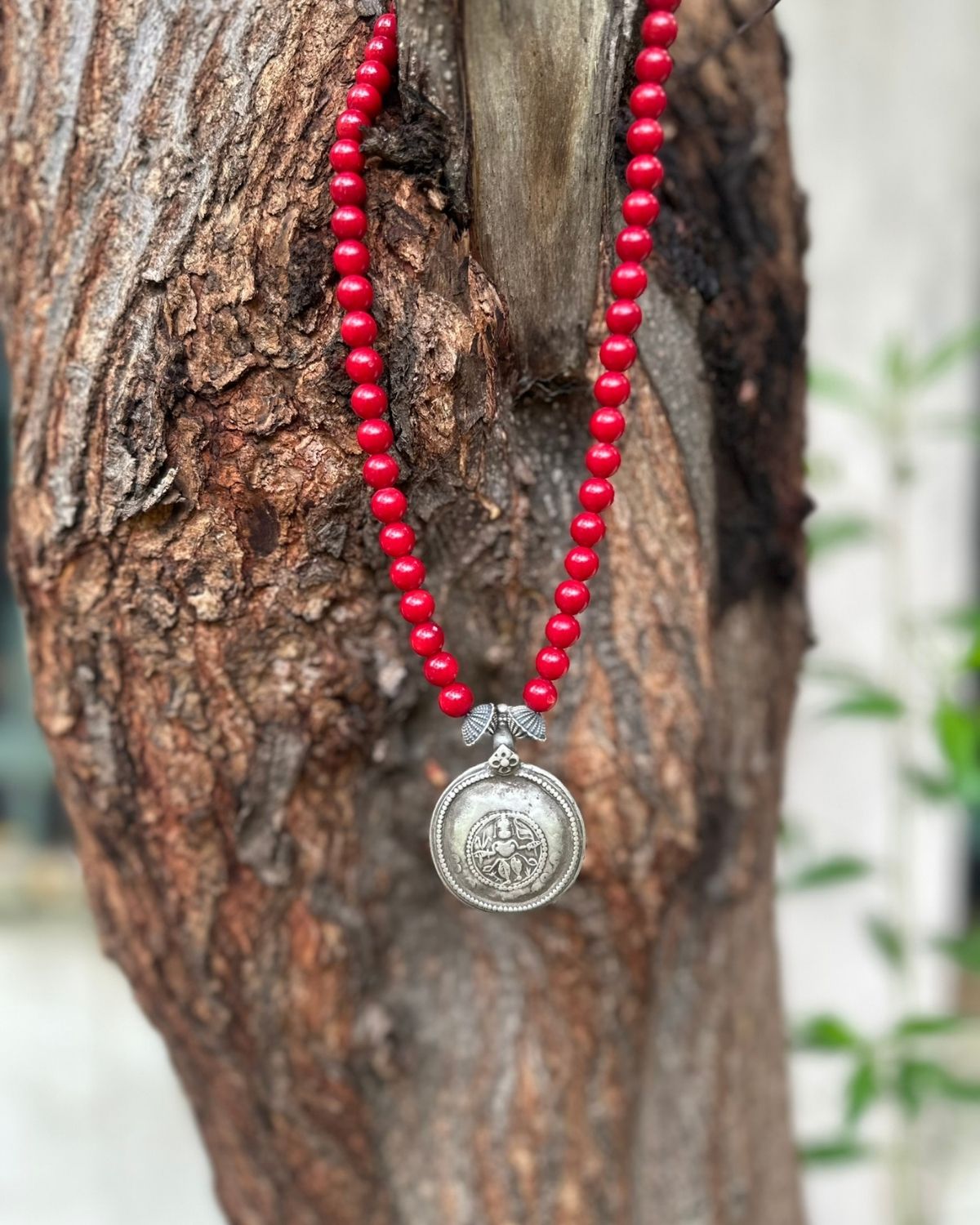 Coral Tribal Maa Durga Pendant Necklace
