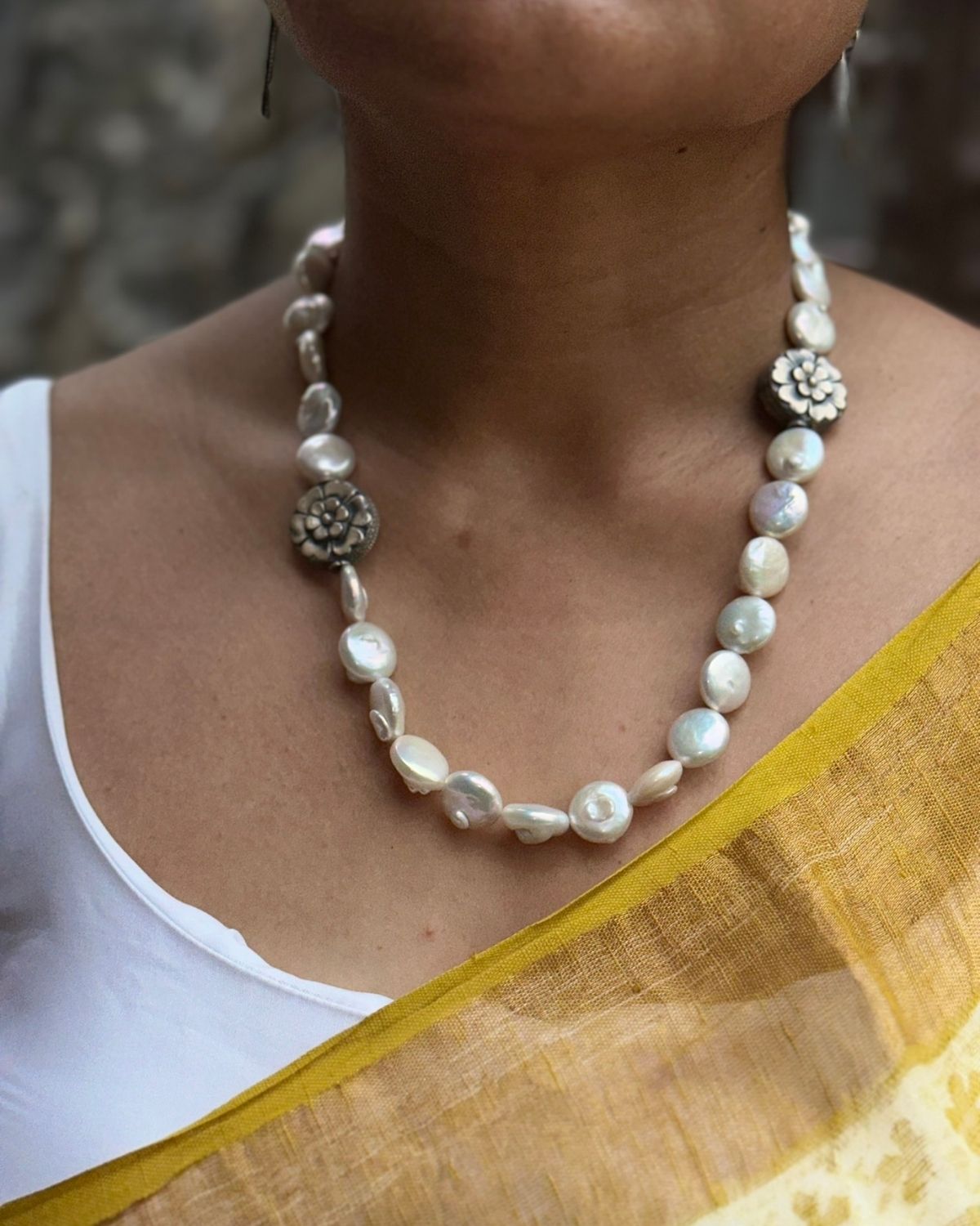 Floral Silver Beads with Pearl Stone Mala