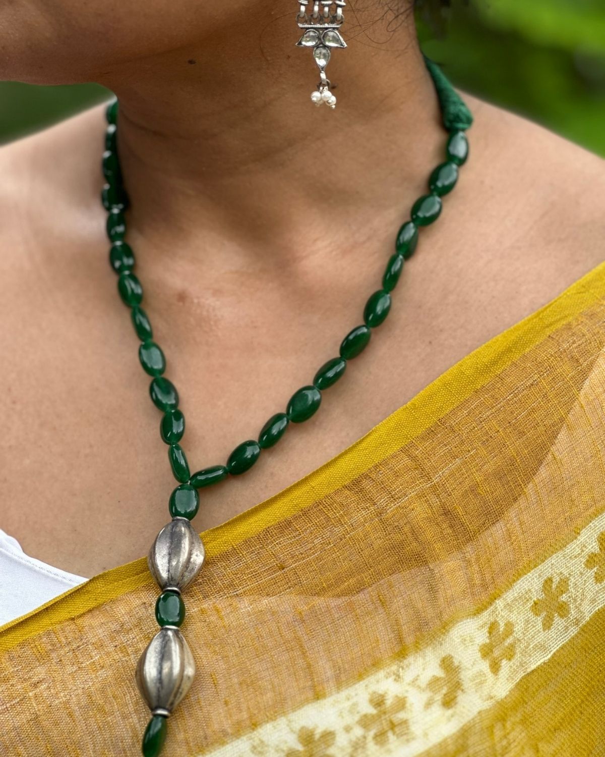 Green Aventurine Stone with Silver Beads Necklace