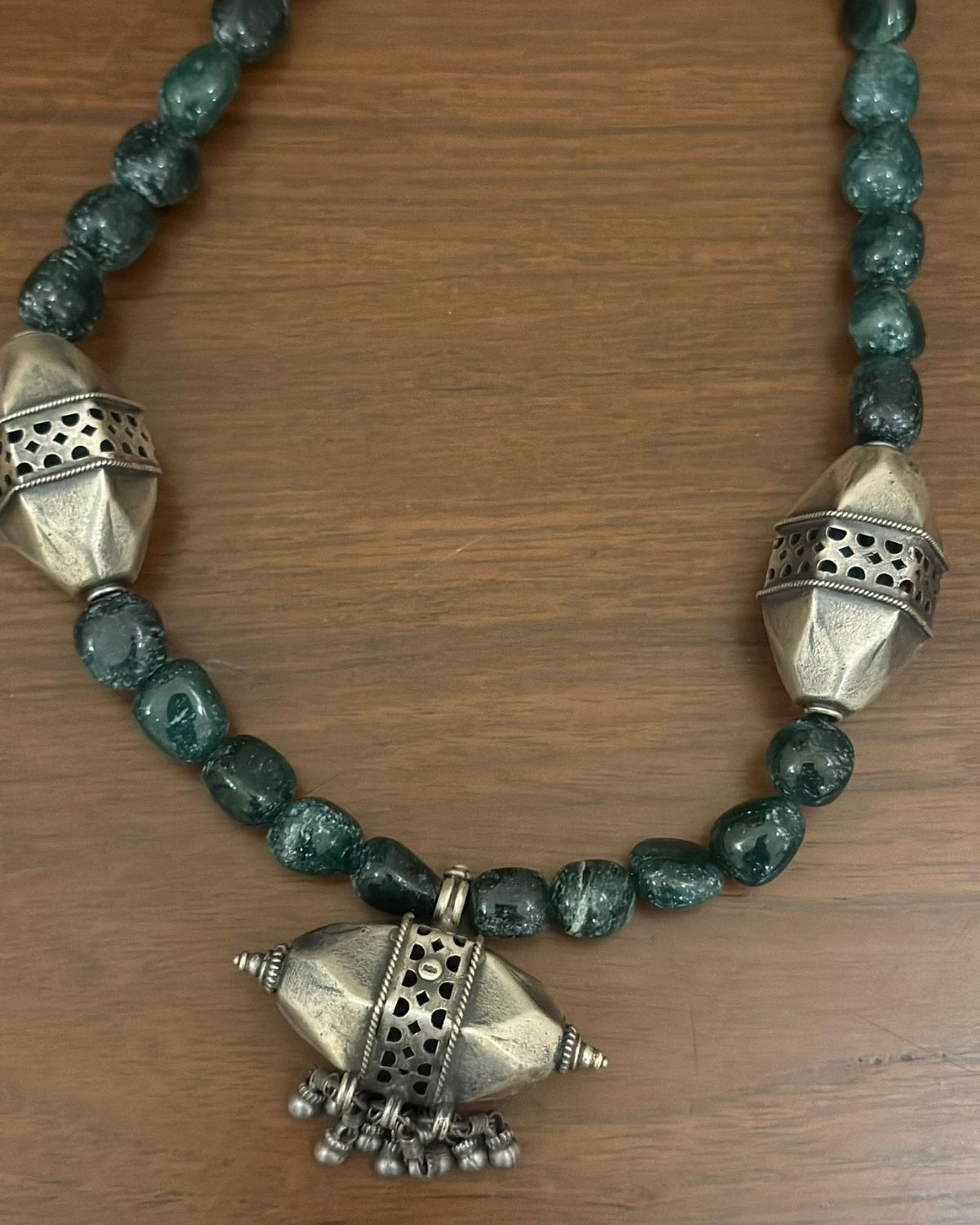 Green Aventurine Stone with Silver Tribe Pendant Necklace