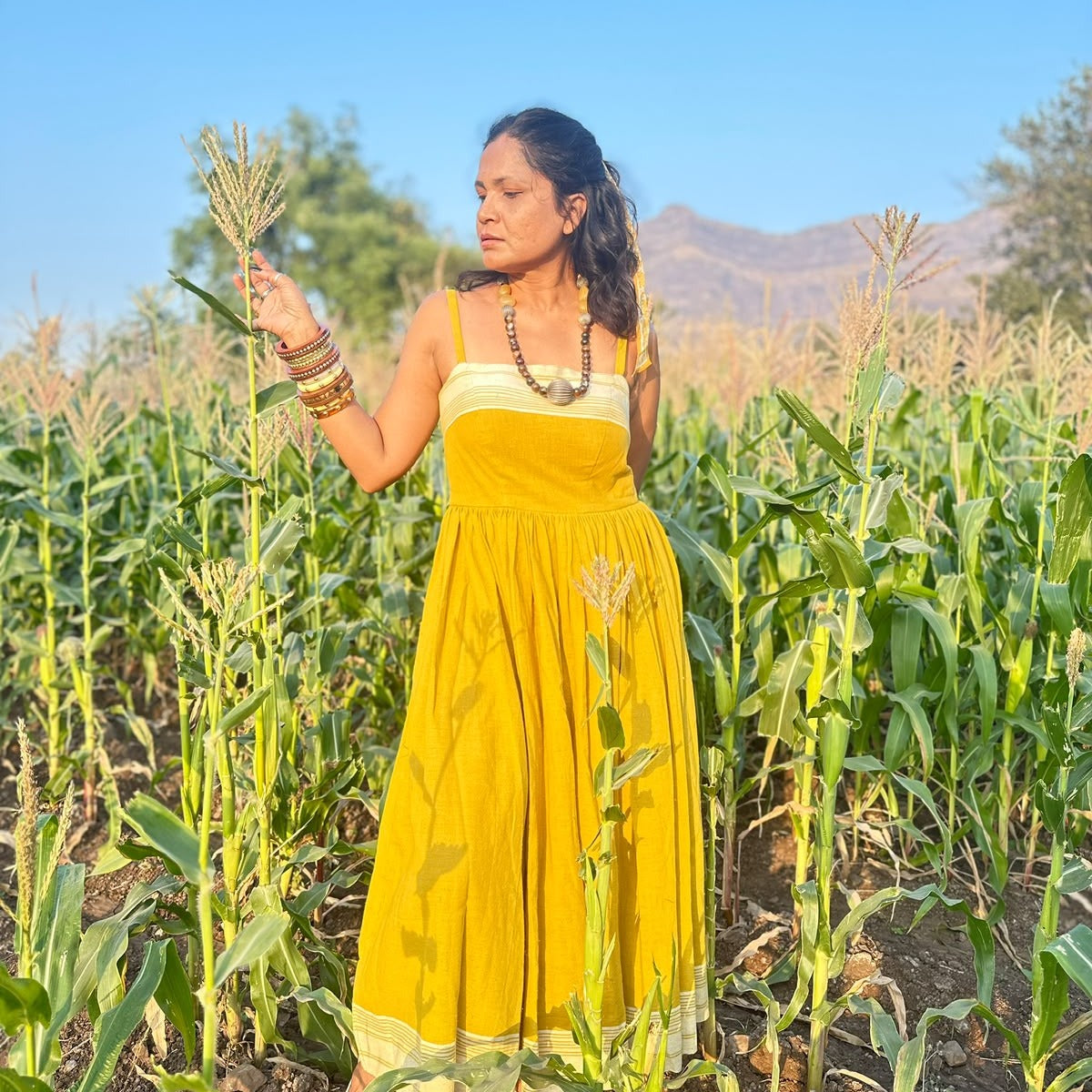 Mustard Yellow Handloom Organic Kala Cotton Maxi Dress