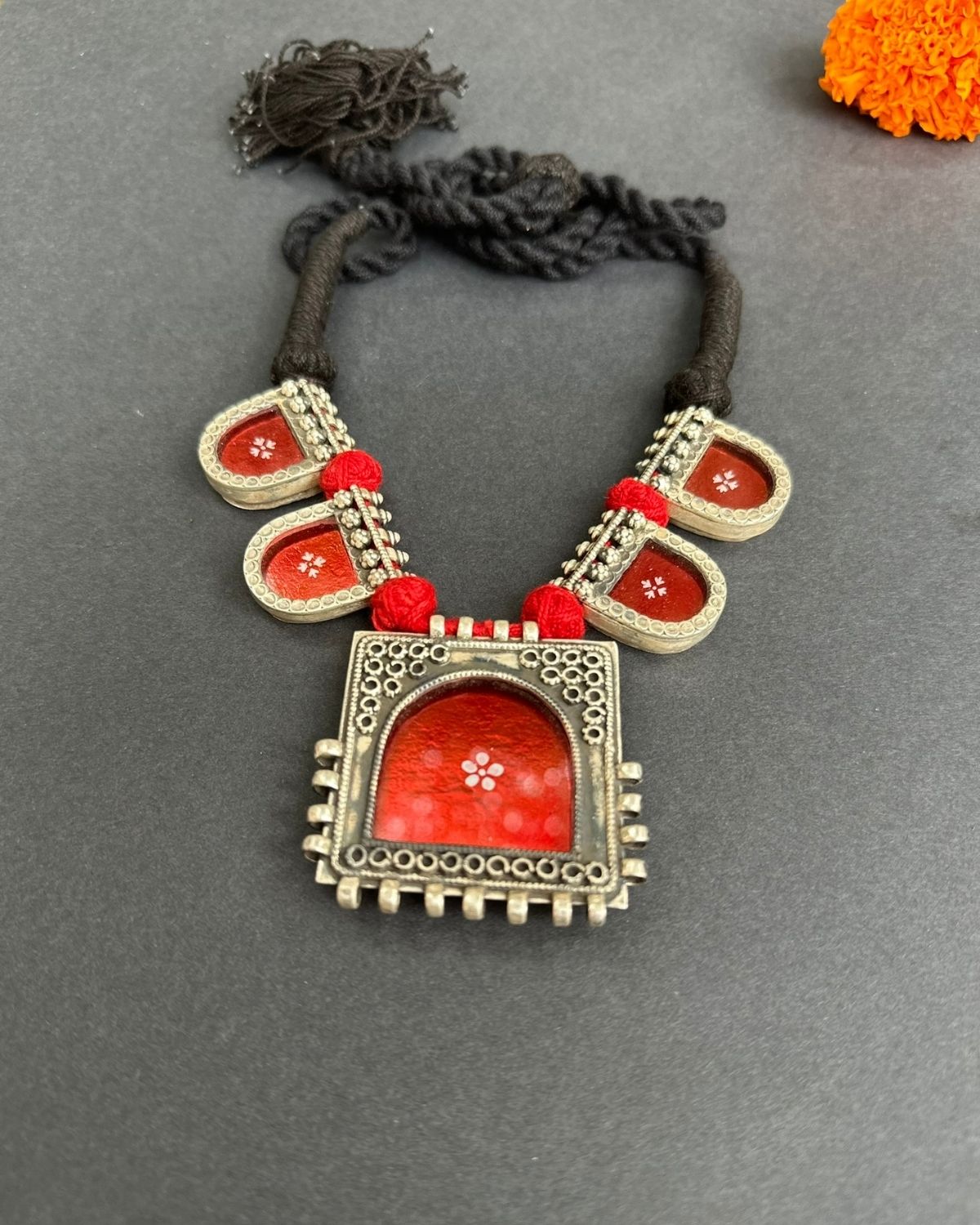 Red Mirror Painting Silver Necklace