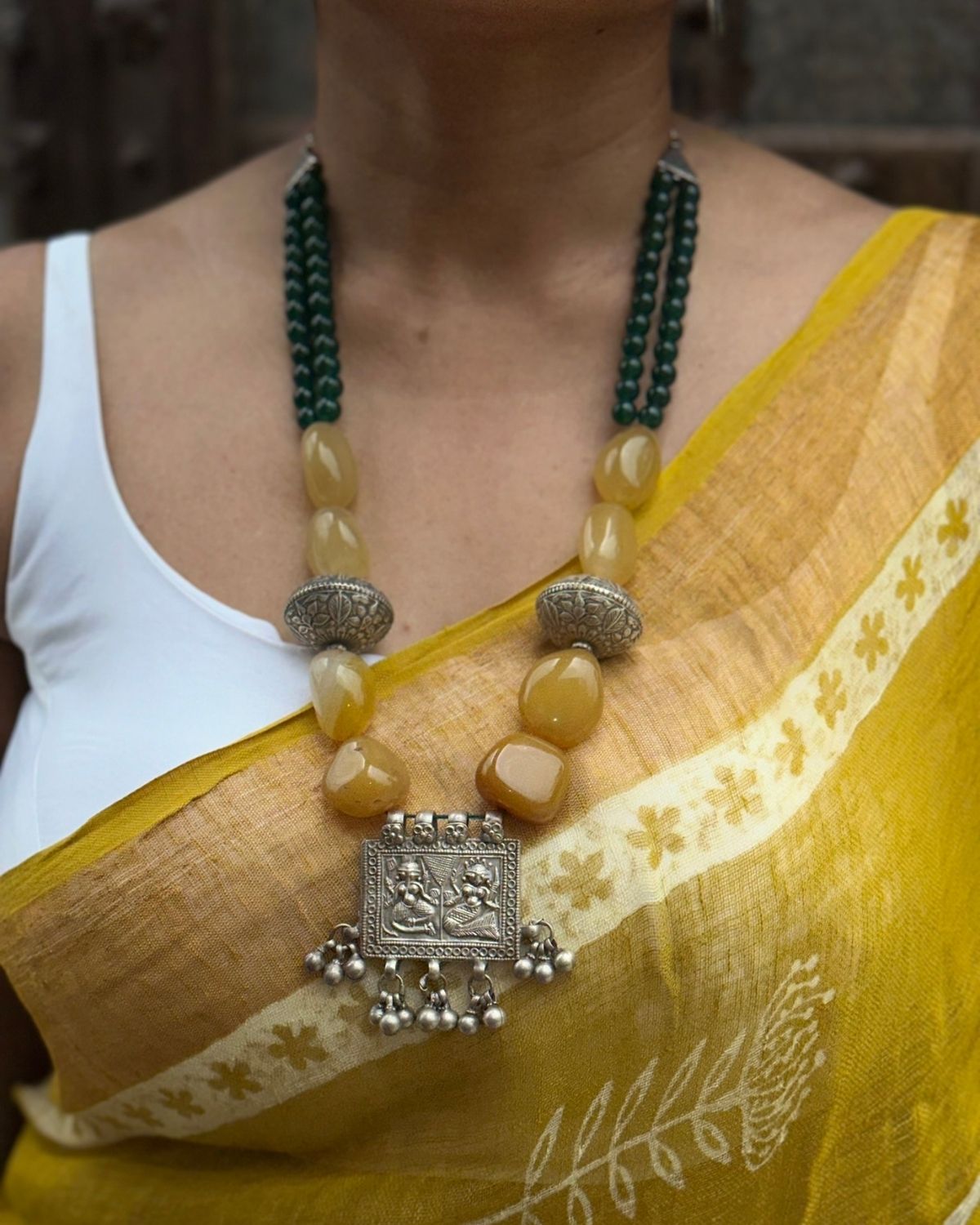 Vintage Laxmi Ganesh Pendant with Floral Ball in Citrine Necklace