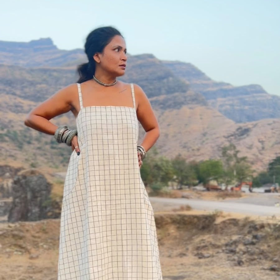 White & Black Checks Handloom Kala Cotton Dress