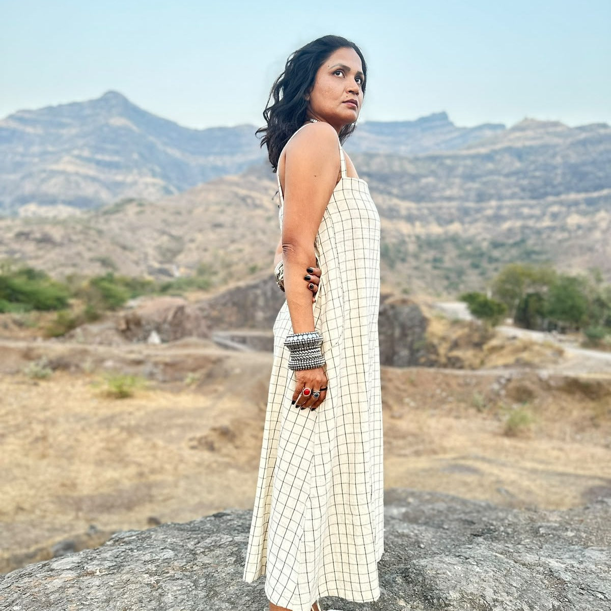 White & Black Checks Handloom Kala Cotton Dress