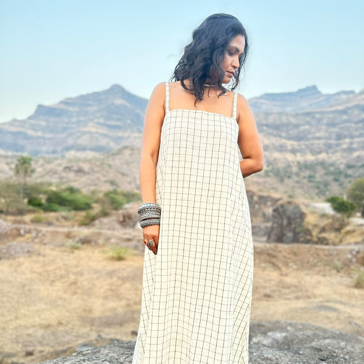 White & Black Checks Handloom Kala Cotton Dress