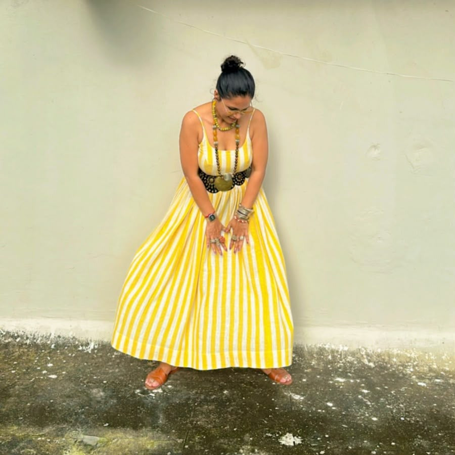 Yellow Stripes Handloom Kala Cotton Dress