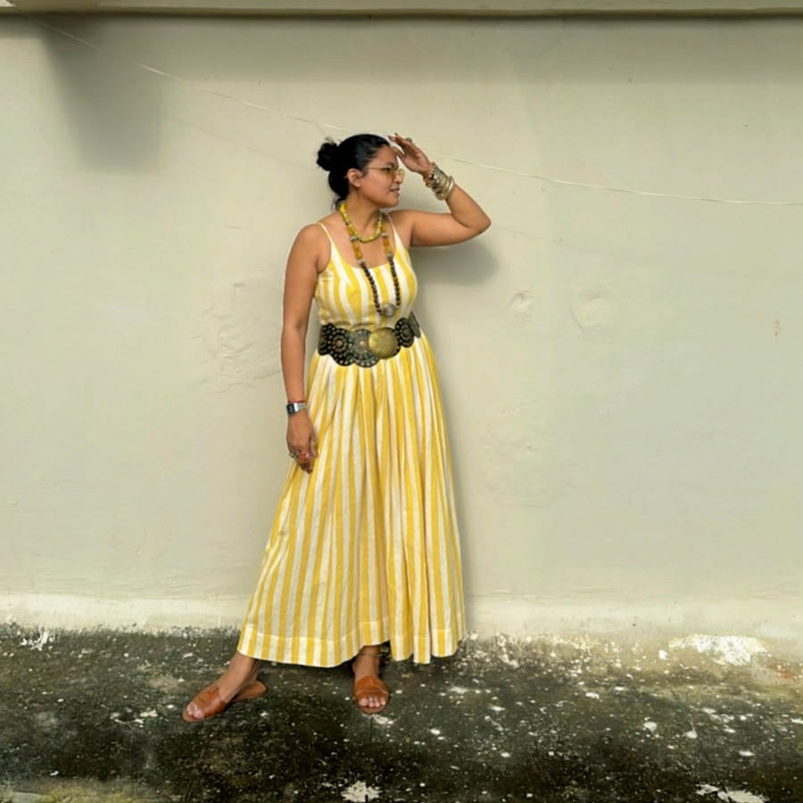 Yellow Stripes Handloom Kala Cotton Dress